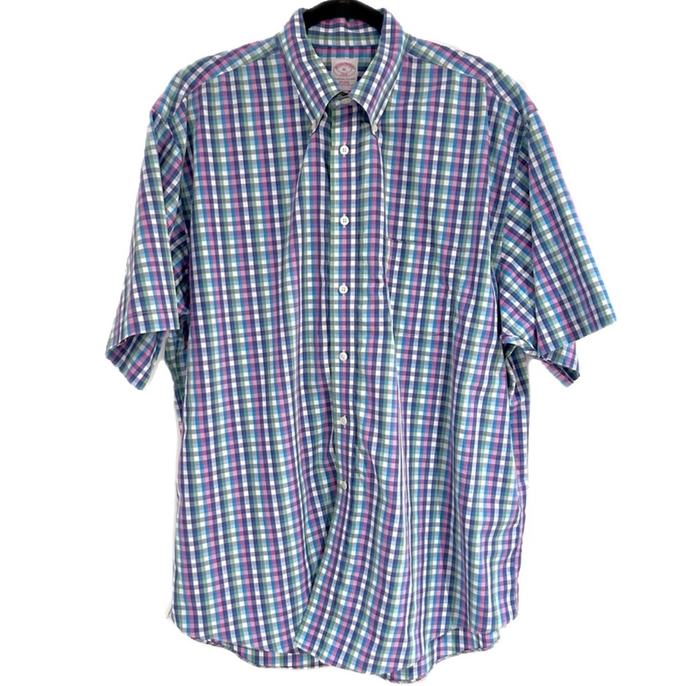 Brooks Brothers 346 Button Down Short Sleeve Plaid XL 100% Cotton Tattersall EUC